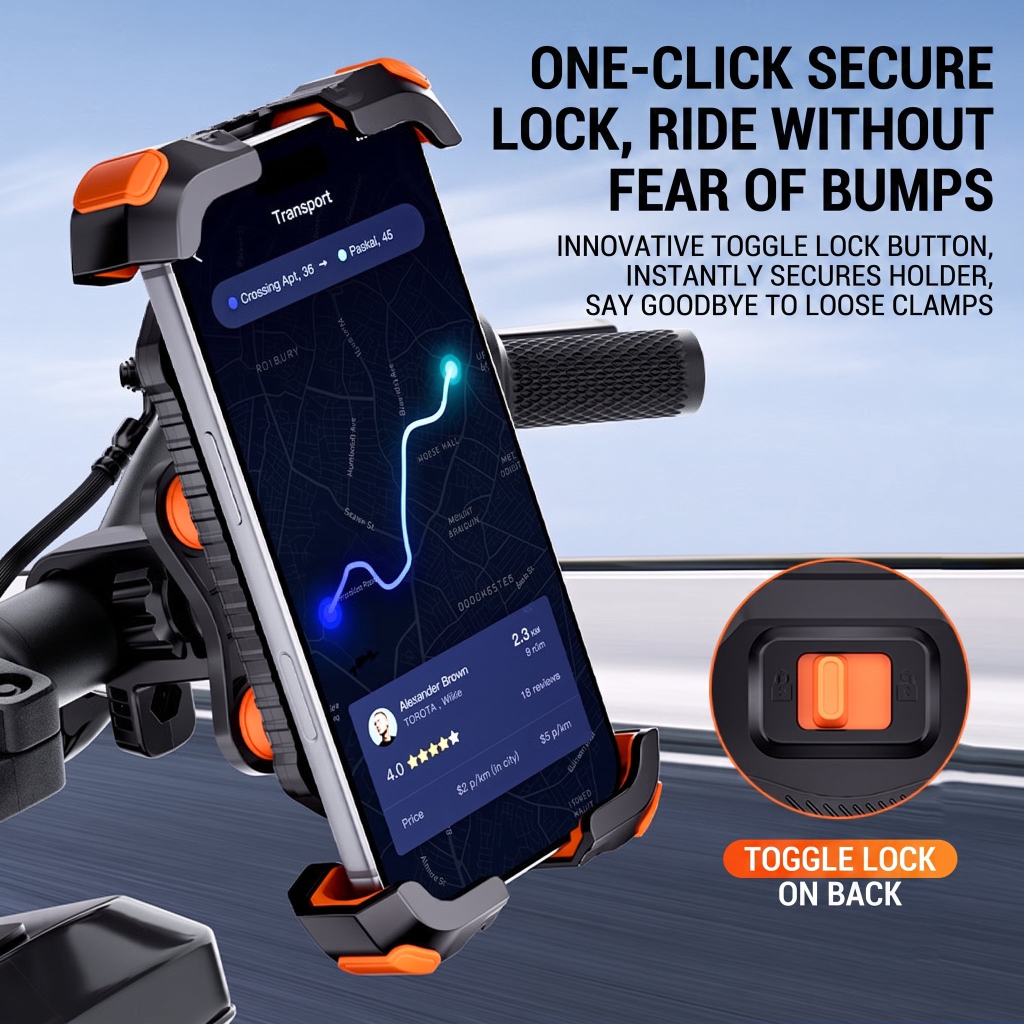OBTKBKU Motorcycle Phone Mount, 4-Axis Shock Absorption Bike Phone Holder, 360° Rotation, 4.7-7", Orange