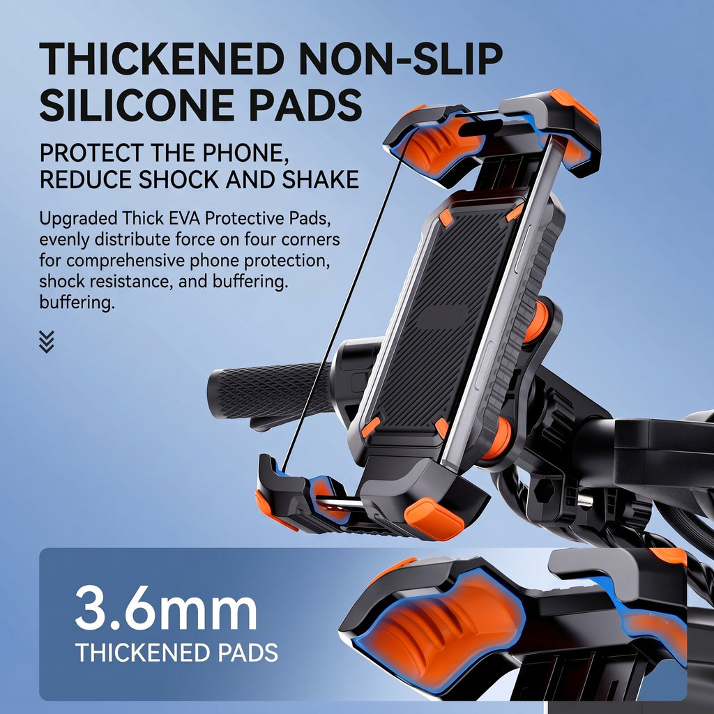 OBTKBKU Motorcycle Phone Mount, 4-Axis Shock Absorption Bike Phone Holder, 360° Rotation, 4.7-7", Orange
