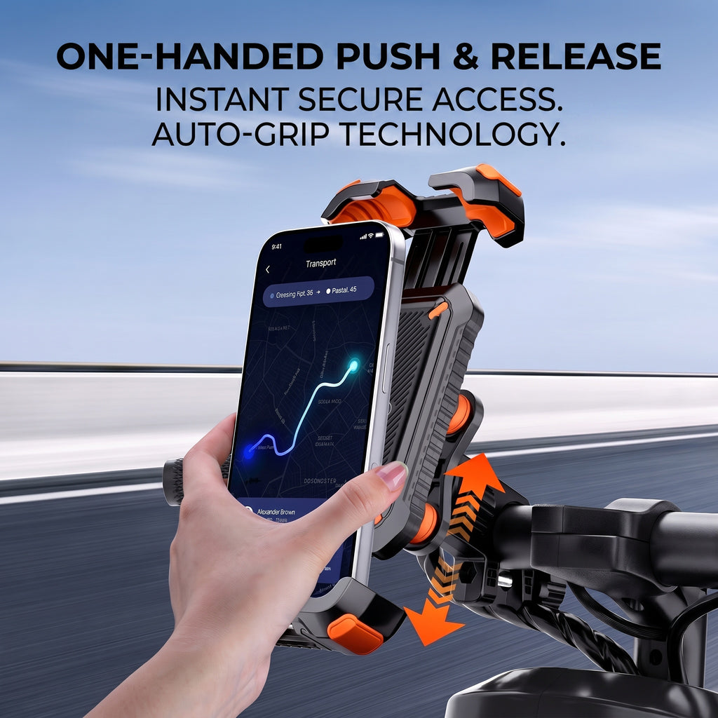 OBTKBKU Motorcycle Phone Mount, 4-Axis Shock Absorption Bike Phone Holder, 360° Rotation, 4.7-7", Orange