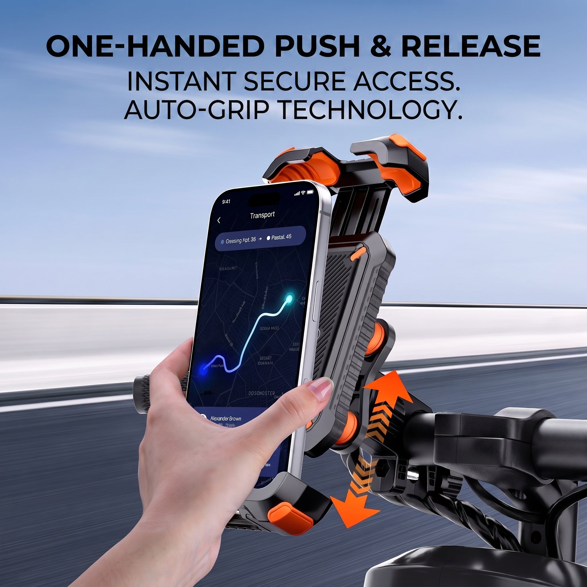 OBTKBKU Motorcycle Phone Mount, 4-Axis Shock Absorption Bike Phone Holder, 360° Rotation, 4.7-7", Orange