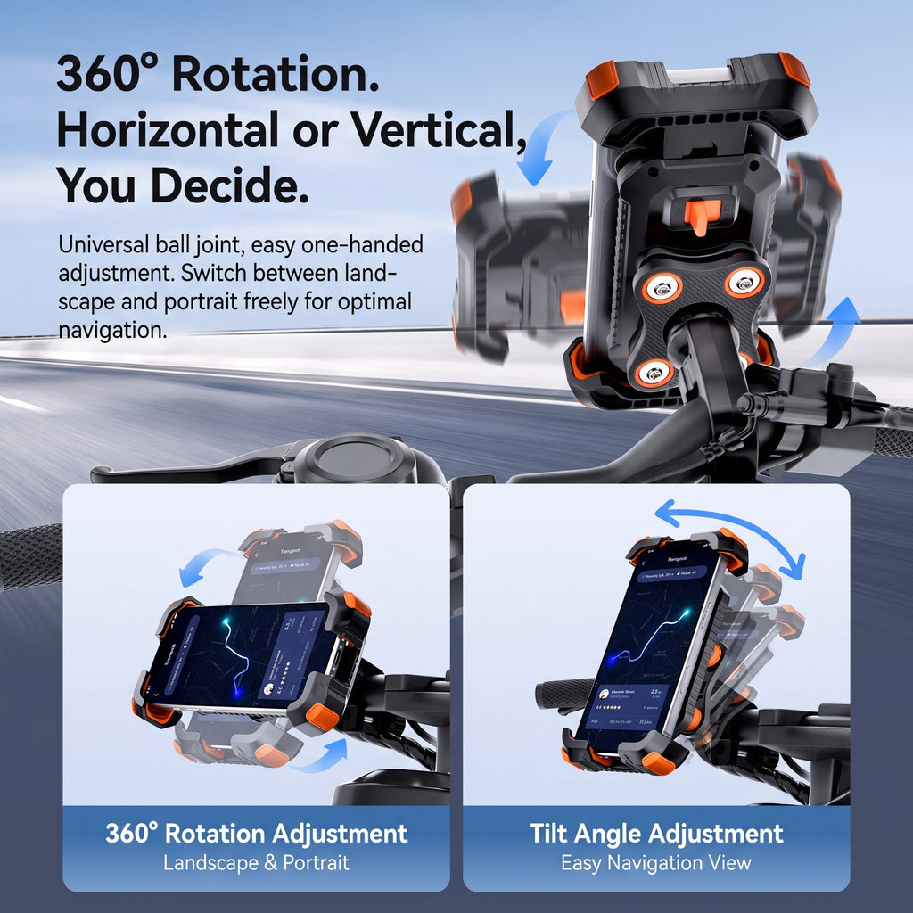 OBTKBKU Motorcycle Phone Mount, 4-Axis Shock Absorption Bike Phone Holder, 360° Rotation, 4.7-7", Orange