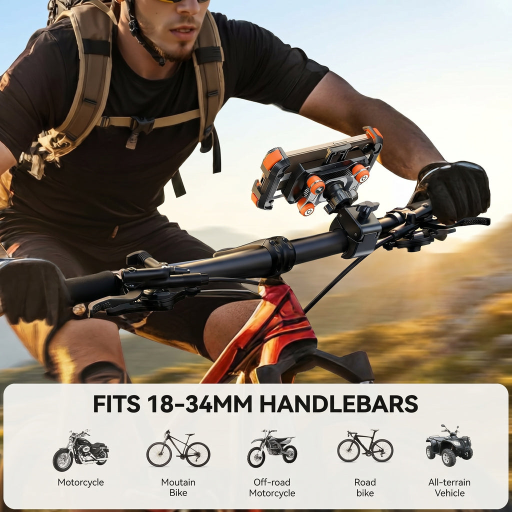 OBTKBKU Motorcycle Phone Mount, 4-Axis Shock Absorption Bike Phone Holder, 360° Rotation, 4.7-7", Orange