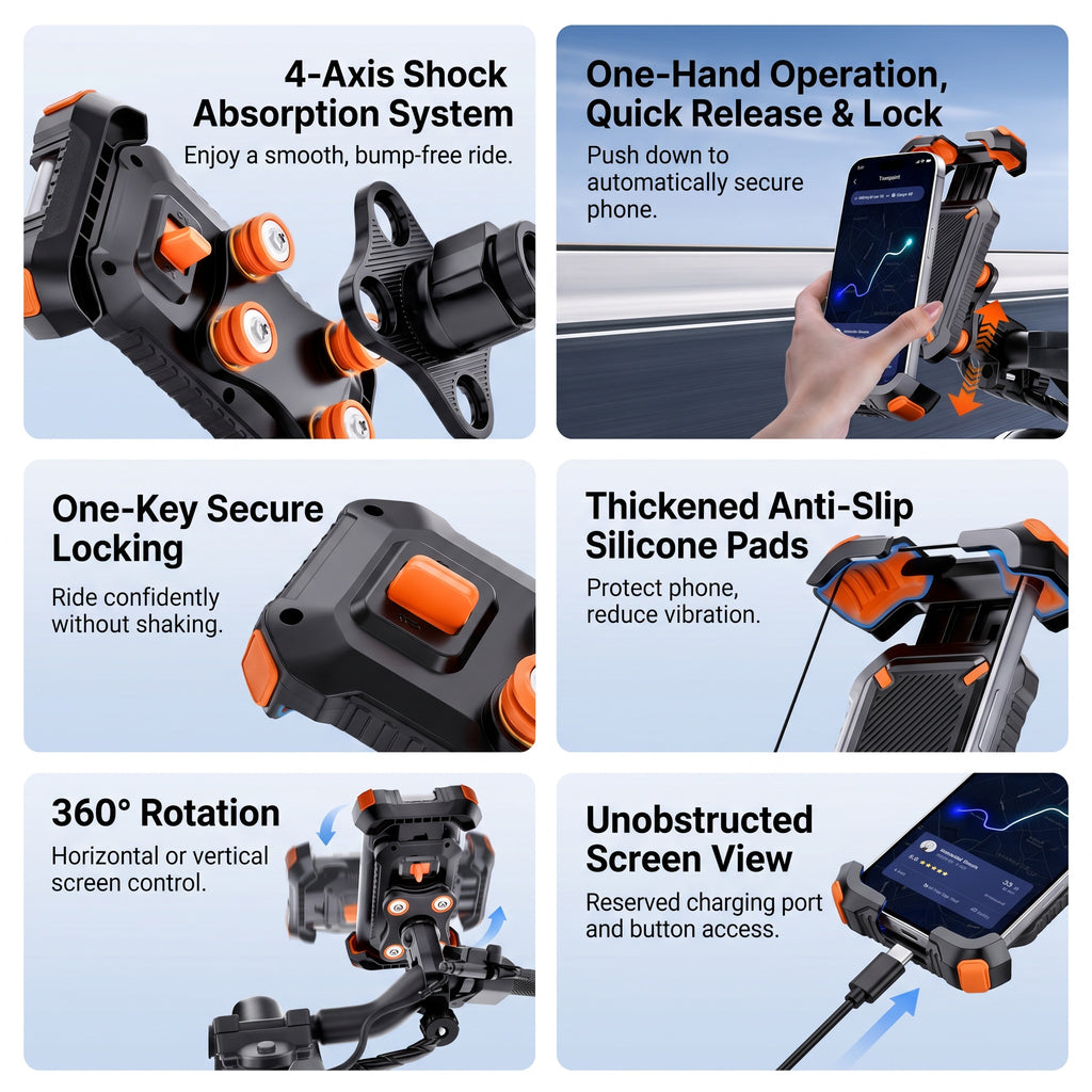 OBTKBKU Motorcycle Phone Mount, 4-Axis Shock Absorption Bike Phone Holder, 360° Rotation, 4.7-7", Orange